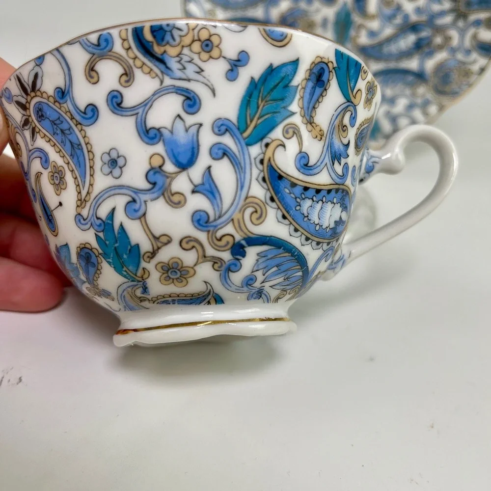 Lefton China Blue Paisley Teacup and Saucer‎ Set Hand Painted Gold Trim 2339